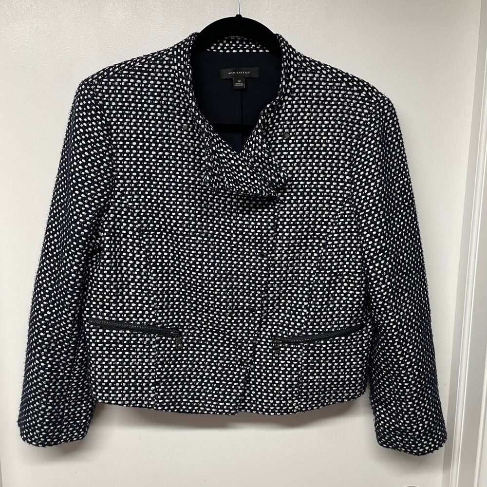 Ann Taylor Navy White Jacket Womens Size 12 Cropped Moto Tweed Zipper Accents